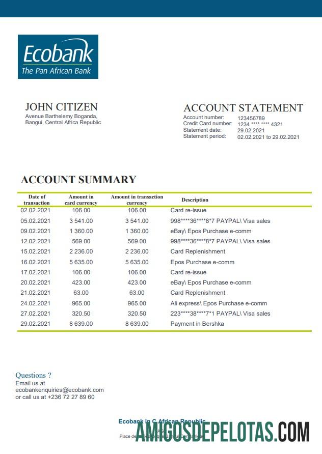 Exemplo de extrato bancário do Ecobank da República Centro-Africana